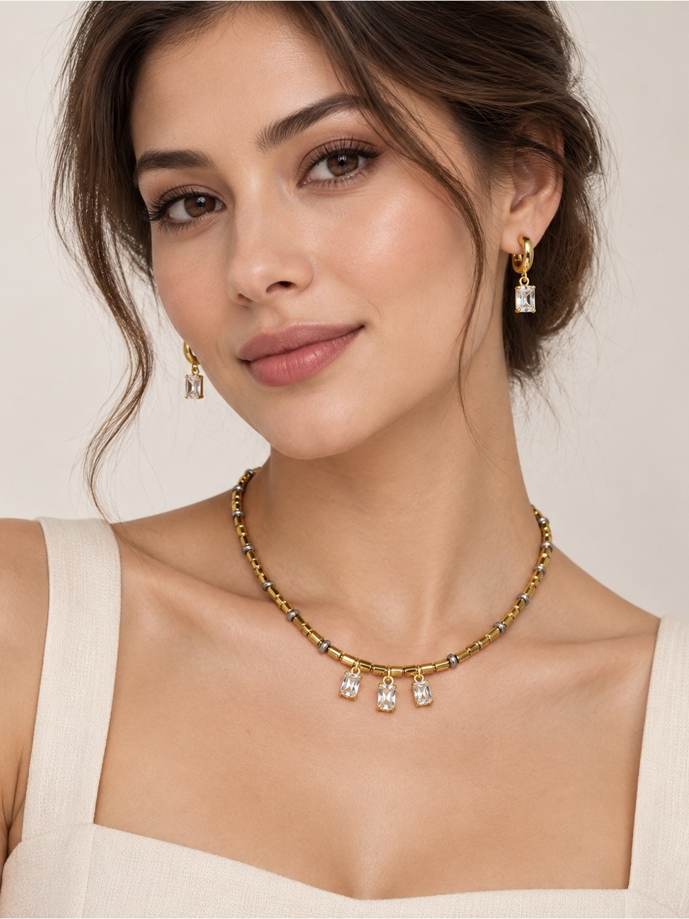 Beymen Gold Tone Crystal Necklace & Matching Drop Earrings Set